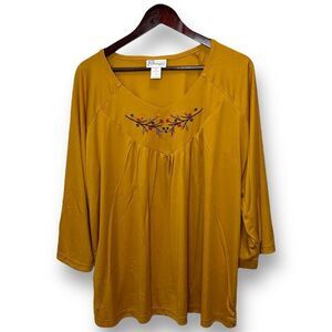 Easy Essentials Women's OXL Yellow Floral Embroidered 3/4 Sleeve‎ Blouse